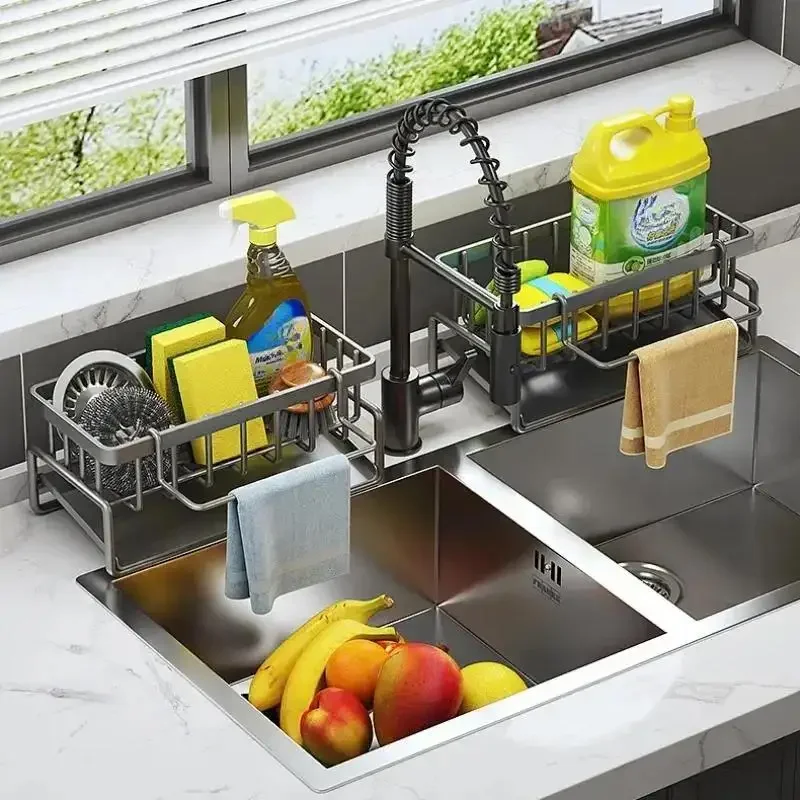 Kitchen Space Aluminum Sink Drain Rack Sponge Storage Faucet Holder Soap Drainer Shelf Basket Organizer Bathroom Accessories