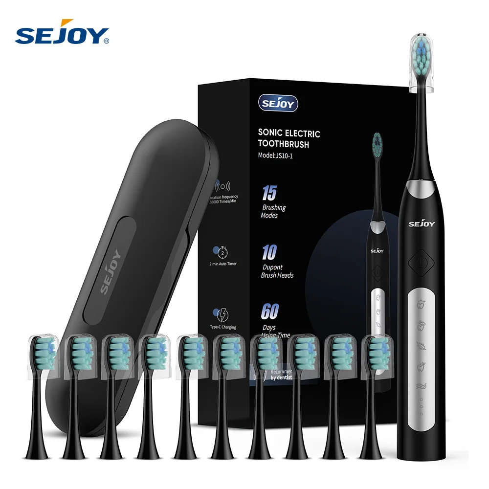 Sejoy Electric Sonic Toothbrush with 10 pcs Replacement Heads 5 Modes USB Rechargeable Waterproof Electric Tooth Brushes