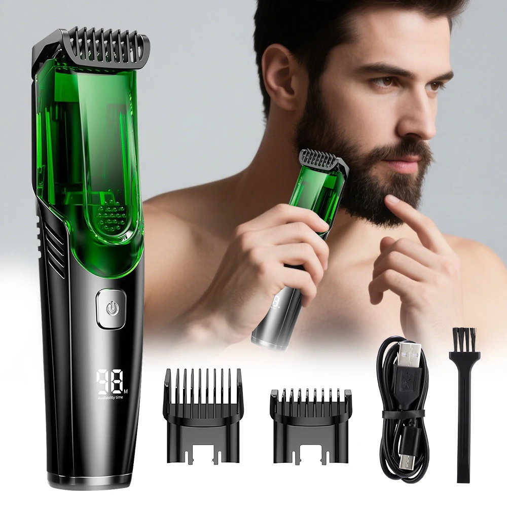 Cordless Men Beard Trimmer Rechargeable Electric Shaver with 20 Trim Built-in Vacuum Clipper for Mustache Sideburns Grooming Kit