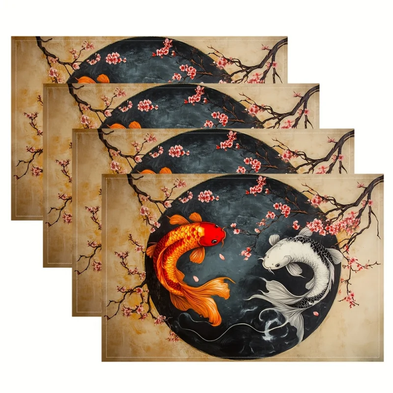 VIKAMA Yin Yang Koi Cherry Blossom Placemats 4-Piece Set Waterproof Table Mats for Dining Kitchen Tablecloth Home Decor