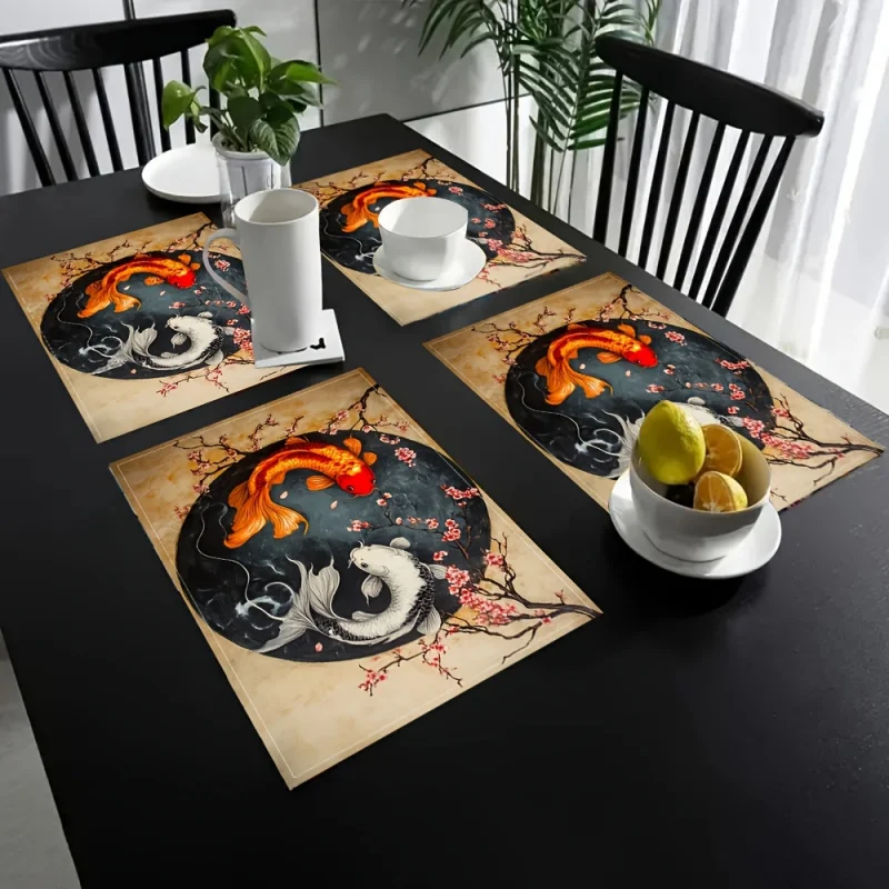 VIKAMA Yin Yang Koi Cherry Blossom Placemats 4-Piece Set Waterproof Table Mats for Dining Kitchen Tablecloth Home Decor thumbnail 2
