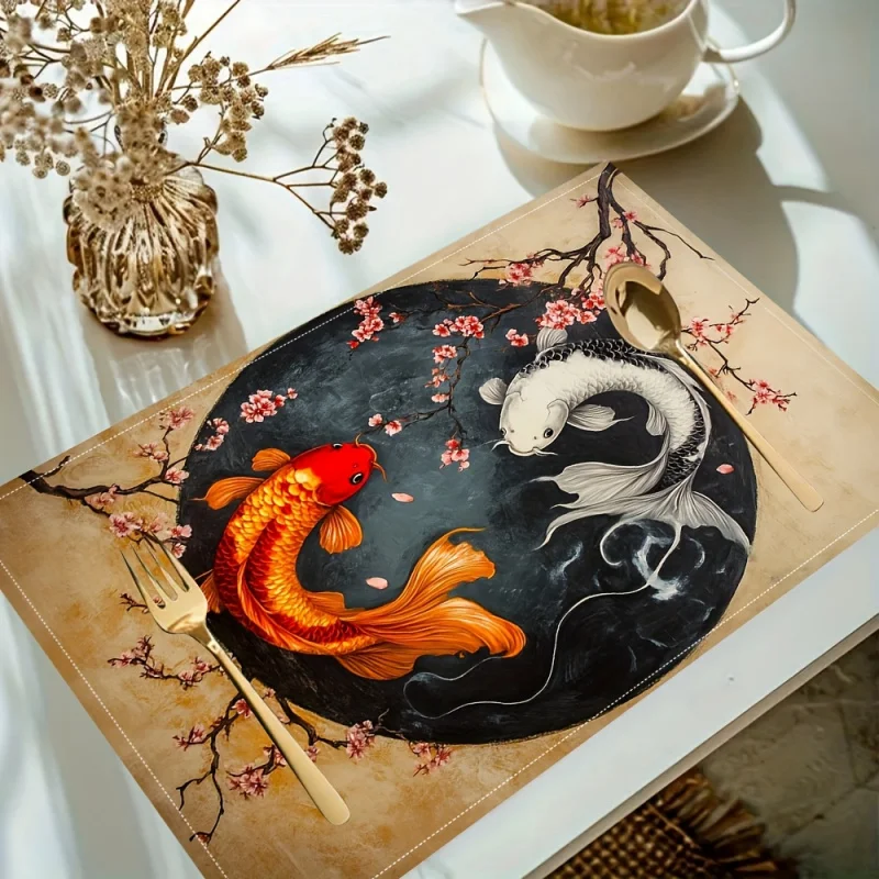 VIKAMA Yin Yang Koi Cherry Blossom Placemats 4-Piece Set Waterproof Table Mats for Dining Kitchen Tablecloth Home Decor thumbnail 5
