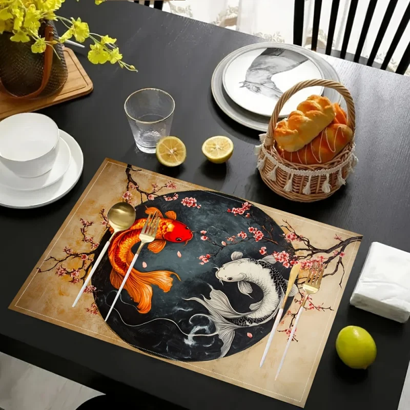 VIKAMA Yin Yang Koi Cherry Blossom Placemats 4-Piece Set Waterproof Table Mats for Dining Kitchen Tablecloth Home Decor thumbnail 6