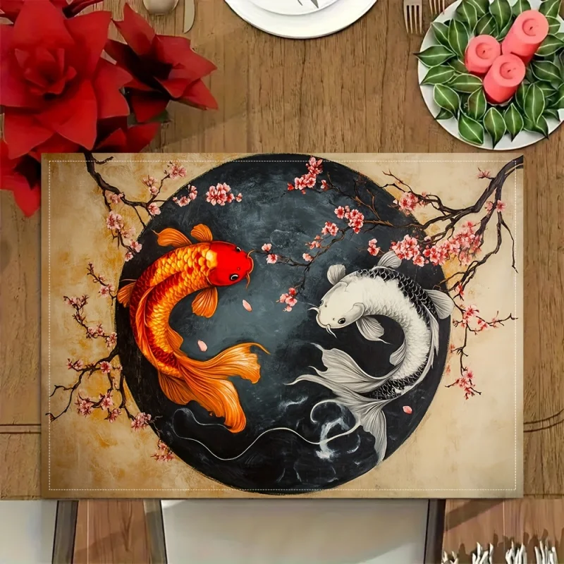 VIKAMA Yin Yang Koi Cherry Blossom Placemats 4-Piece Set Waterproof Table Mats for Dining Kitchen Tablecloth Home Decor thumbnail 4