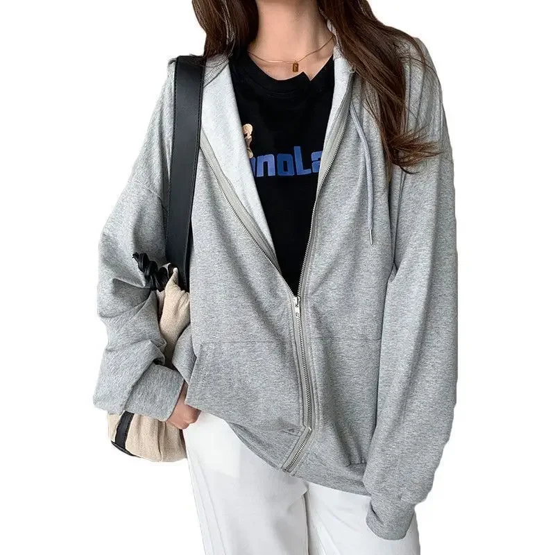 Retro Vintage Women's Sweatshirt Spring Autumn Loose Lazy Style Zipper Thin Outerwear Chic Open Cardigan Hooded Casual Top thumbnail 5
