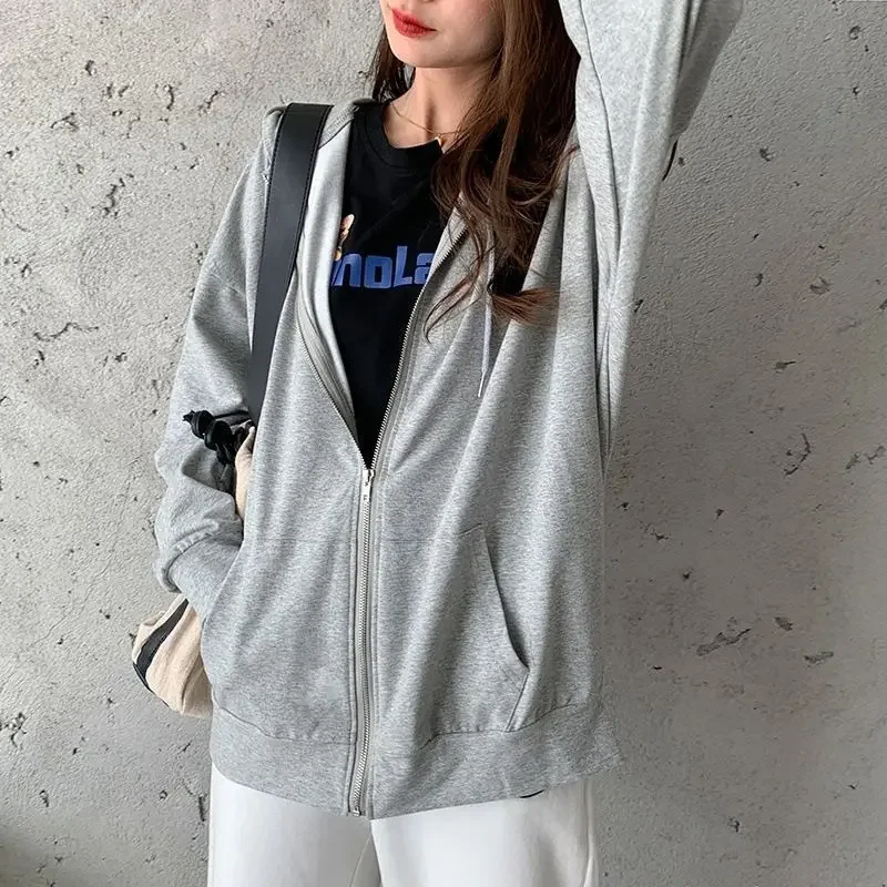 Retro Vintage Women's Sweatshirt Spring Autumn Loose Lazy Style Zipper Thin Outerwear Chic Open Cardigan Hooded Casual Top thumbnail 2