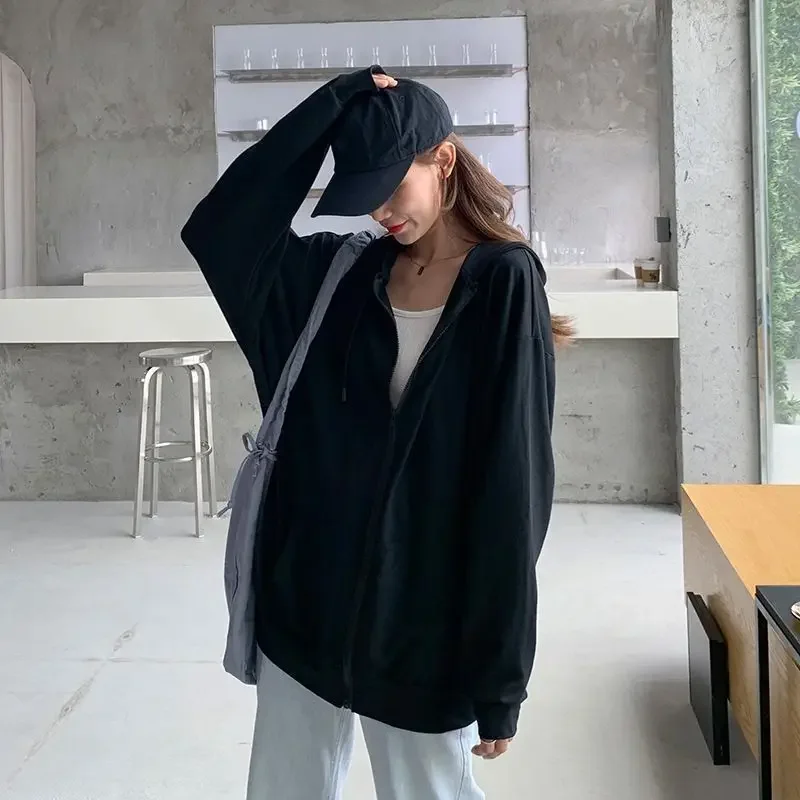 Retro Vintage Women's Sweatshirt Spring Autumn Loose Lazy Style Zipper Thin Outerwear Chic Open Cardigan Hooded Casual Top thumbnail 3
