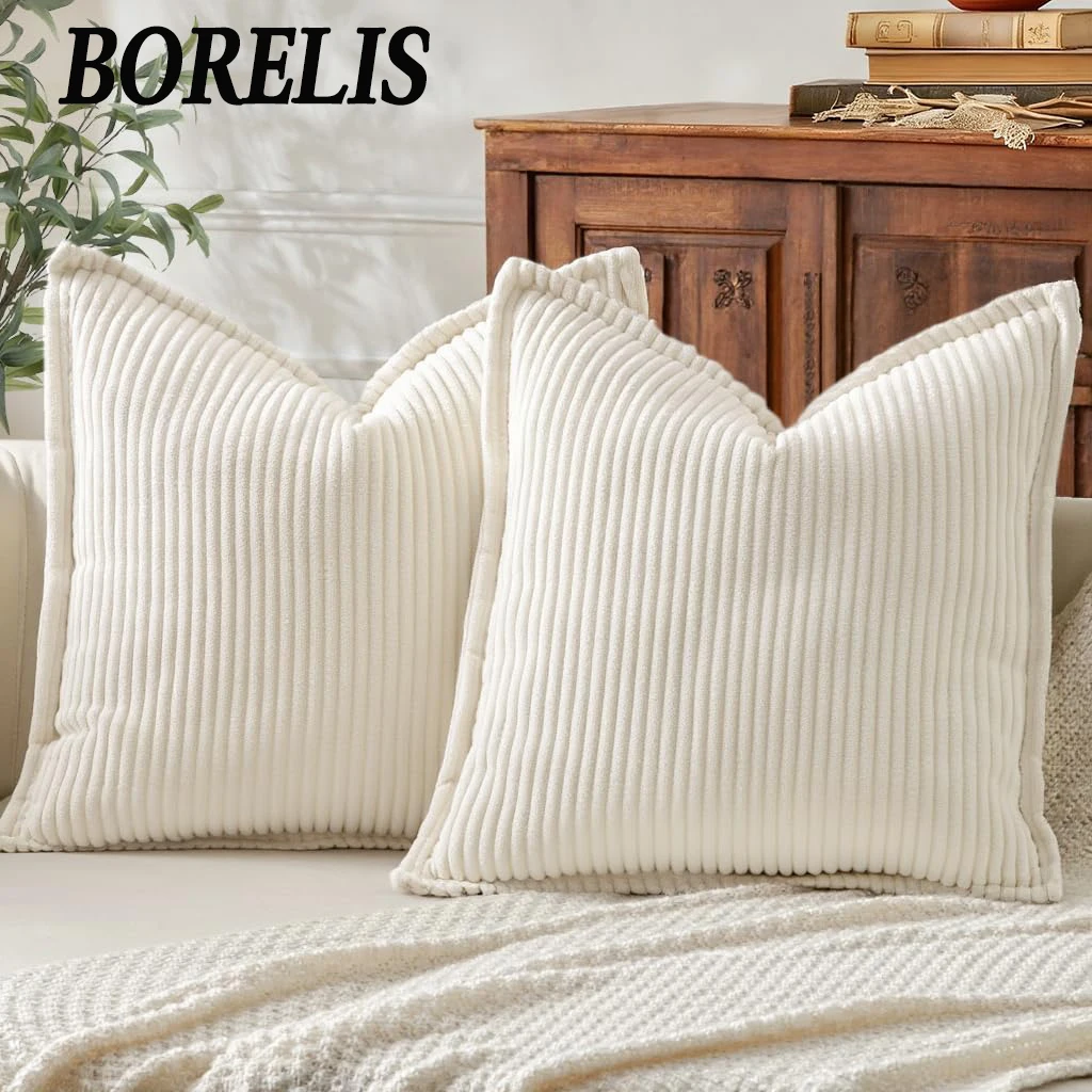 BORELIS Corduroy Spring Throw Pillow Covers Set of 2 Neutral Decorative Soft Boho Couch Pillow Covers Soft Fuzzy Pillow Cases