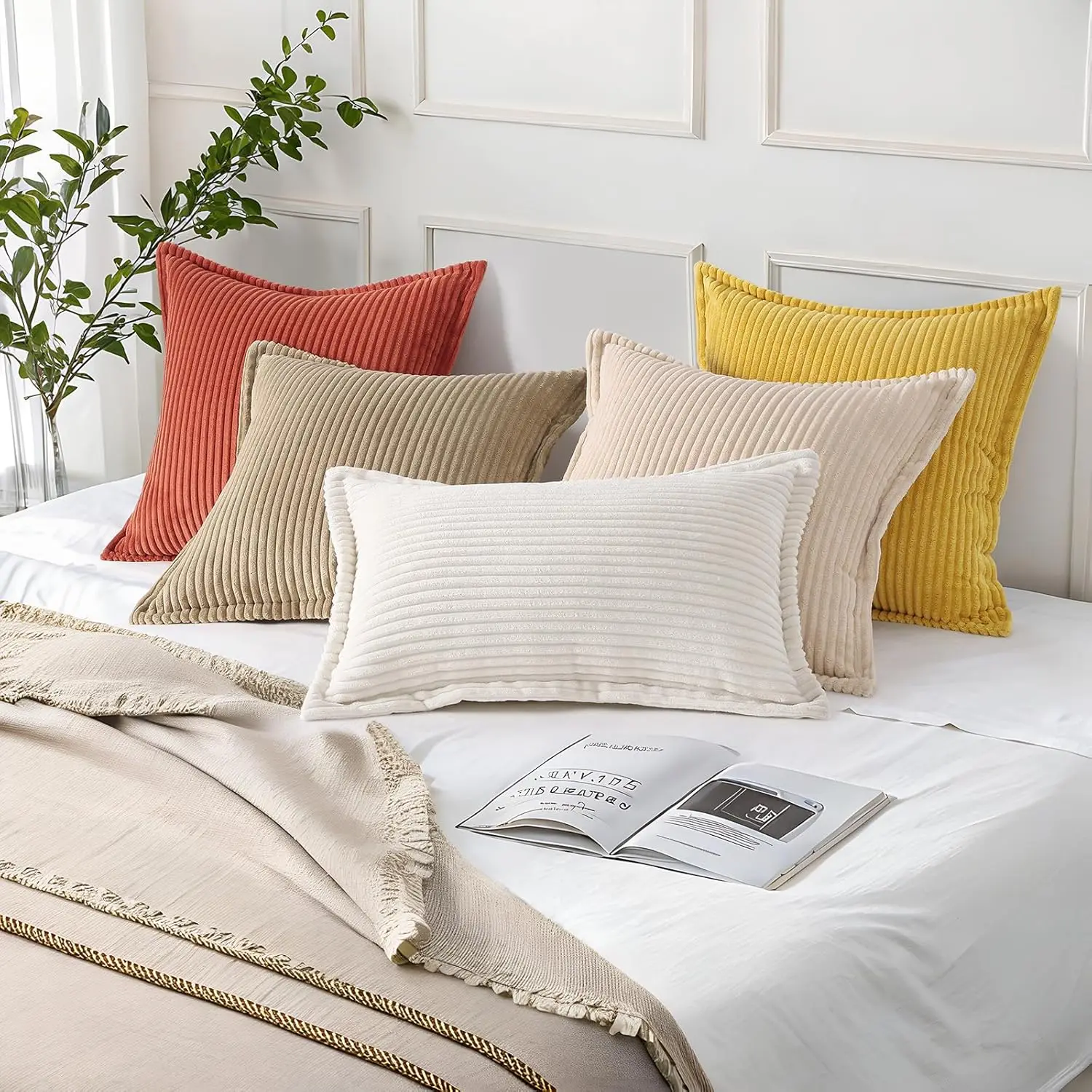 BORELIS Corduroy Spring Throw Pillow Covers Set of 2 Neutral Decorative Soft Boho Couch Pillow Covers Soft Fuzzy Pillow Cases thumbnail 3