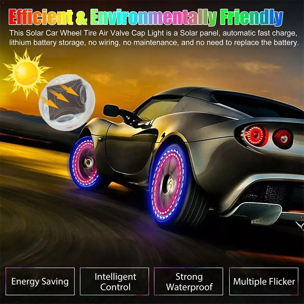 Solar Tire Light Car Tire Valve Stems Lights with 15 Flash Modes Auto on/Off Waterproof High-Temperature Resistant Wheel Decor