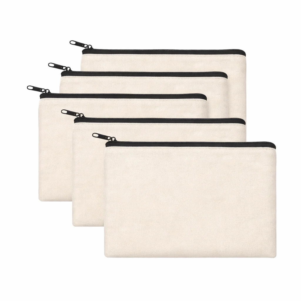 5pcs Beige Blank Canvas Zipper Pouches (21×12cm), Multi-Purpose DIY Storage Bags for Craft, Pencil & Daily Organization