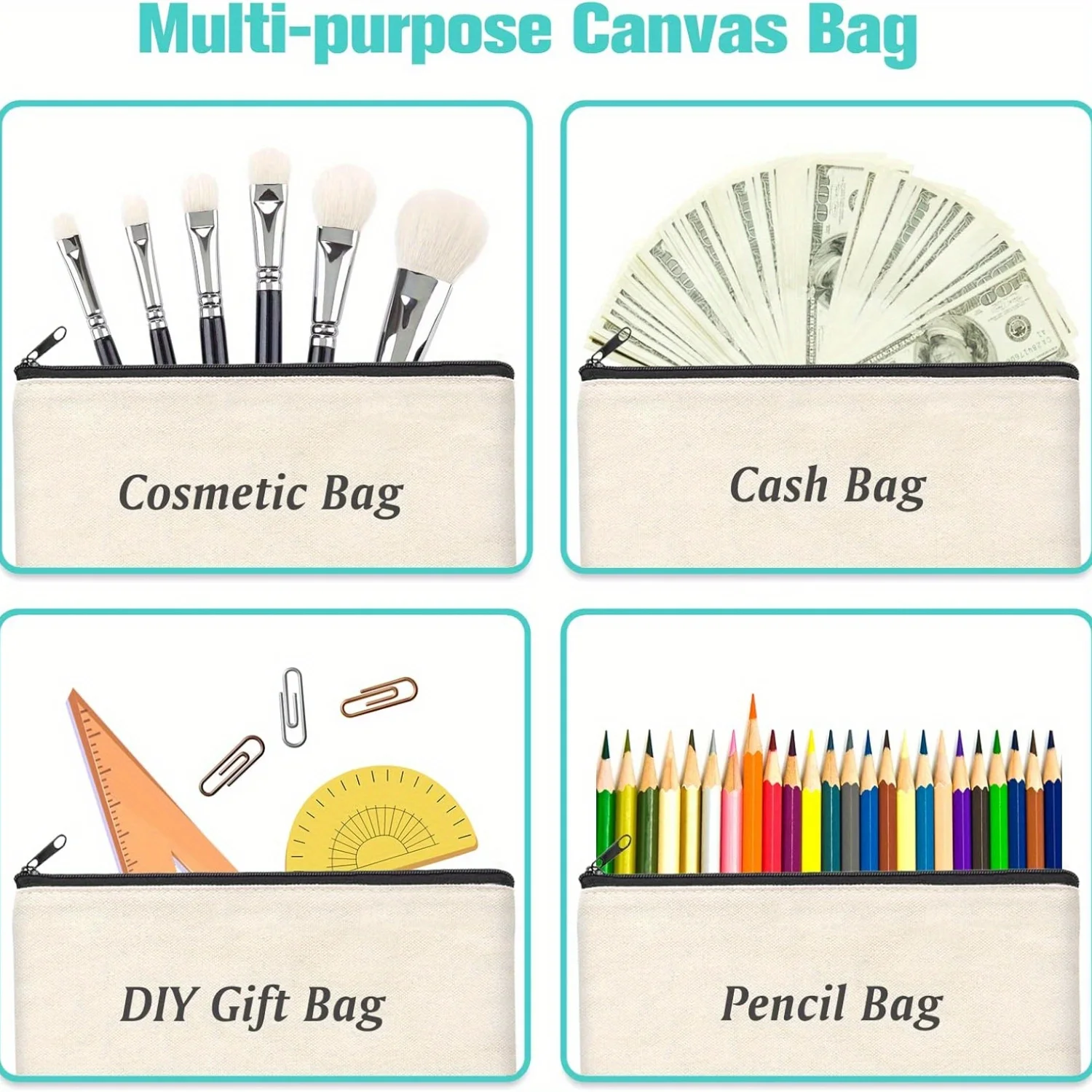 5pcs Beige Blank Canvas Zipper Pouches (21×12cm), Multi-Purpose DIY Storage Bags for Craft, Pencil & Daily Organization thumbnail 4