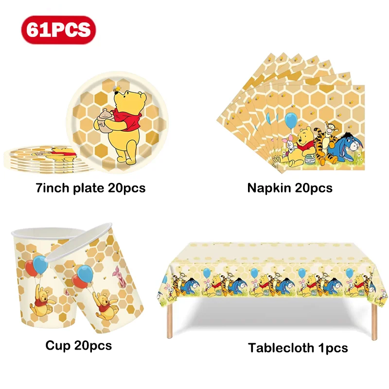 New Disney Winnie the Pooh Party Supplies Cups Plate Balloons Set Happy Birthday Winnie the Pooh Theme Birthday Party Decoration thumbnail 2