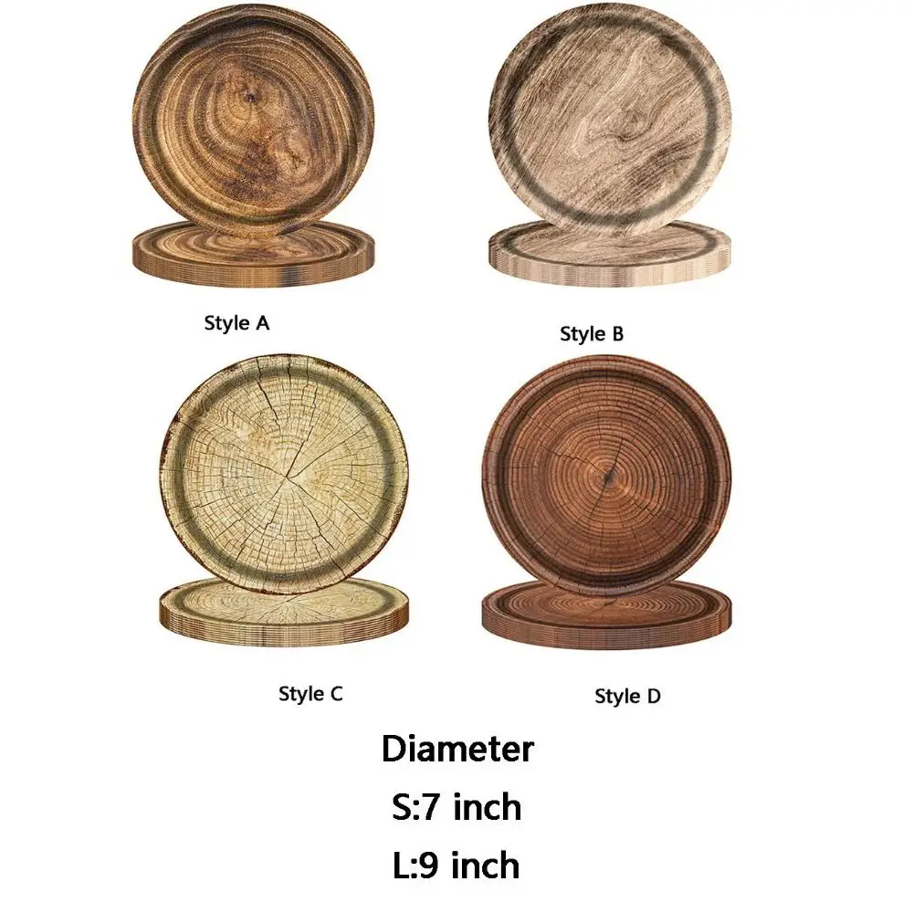 10pcs Unique 7/9 Inch Imitation Wood Grain Disposable Plate Round Realistic Disposable Dish Vintage Paper Food Tray Picnic thumbnail 6