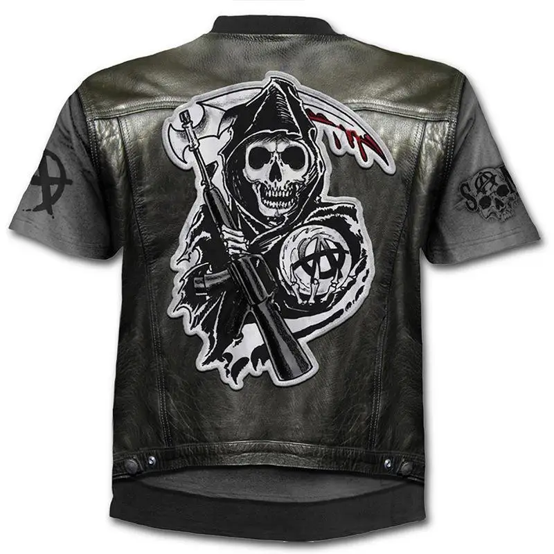 New retro street punk motorcycle men's T-shirt 3D shirt casual fashion hip-hop horror short sleeved round neck men's clothing thumbnail 2