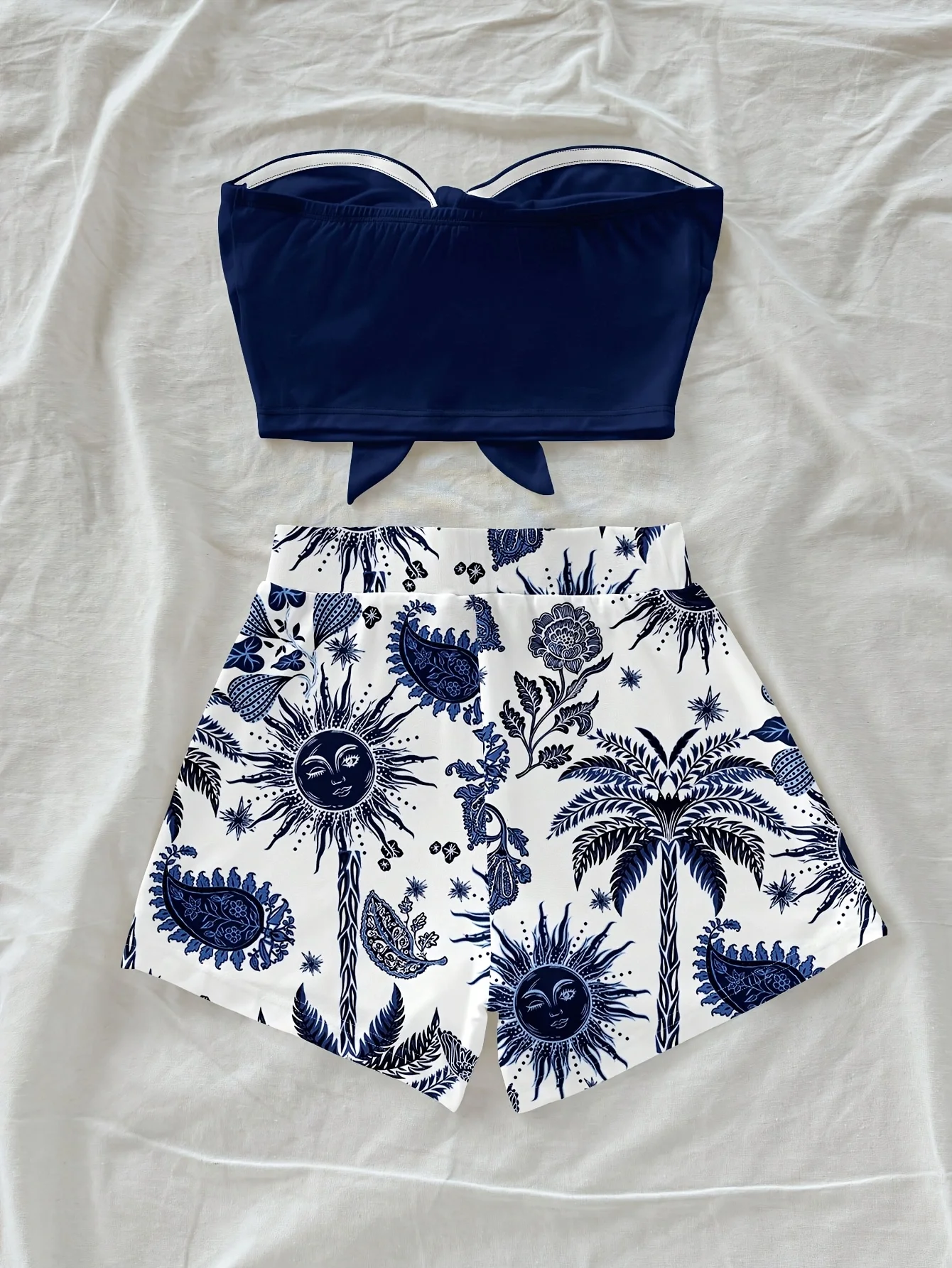 Women's summer vacation coconut tree and Sun God cashew print 2-piece set, suitable for vacation, summer, and fashionable spring thumbnail 2