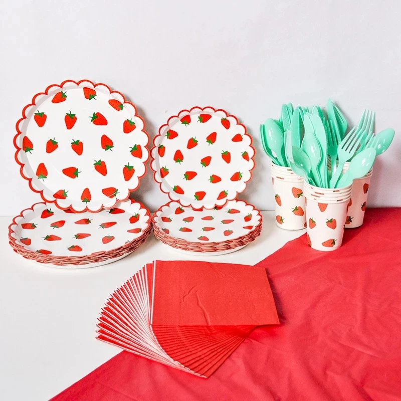 Strawberry Party Disposable Tableware Scalloped Edge Paper Plates Cups Napkins Kids Birthday Summer Fruit Themed Party Supplies