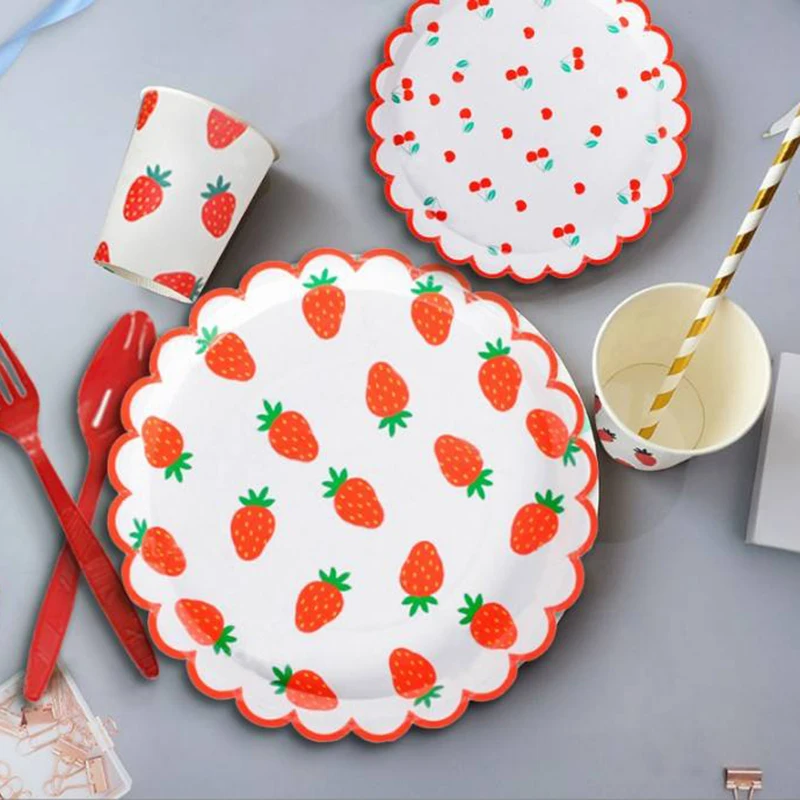Strawberry Party Disposable Tableware Scalloped Edge Paper Plates Cups Napkins Kids Birthday Summer Fruit Themed Party Supplies thumbnail 4