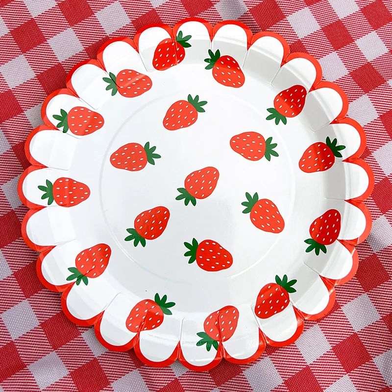 Strawberry Party Disposable Tableware Scalloped Edge Paper Plates Cups Napkins Kids Birthday Summer Fruit Themed Party Supplies thumbnail 5