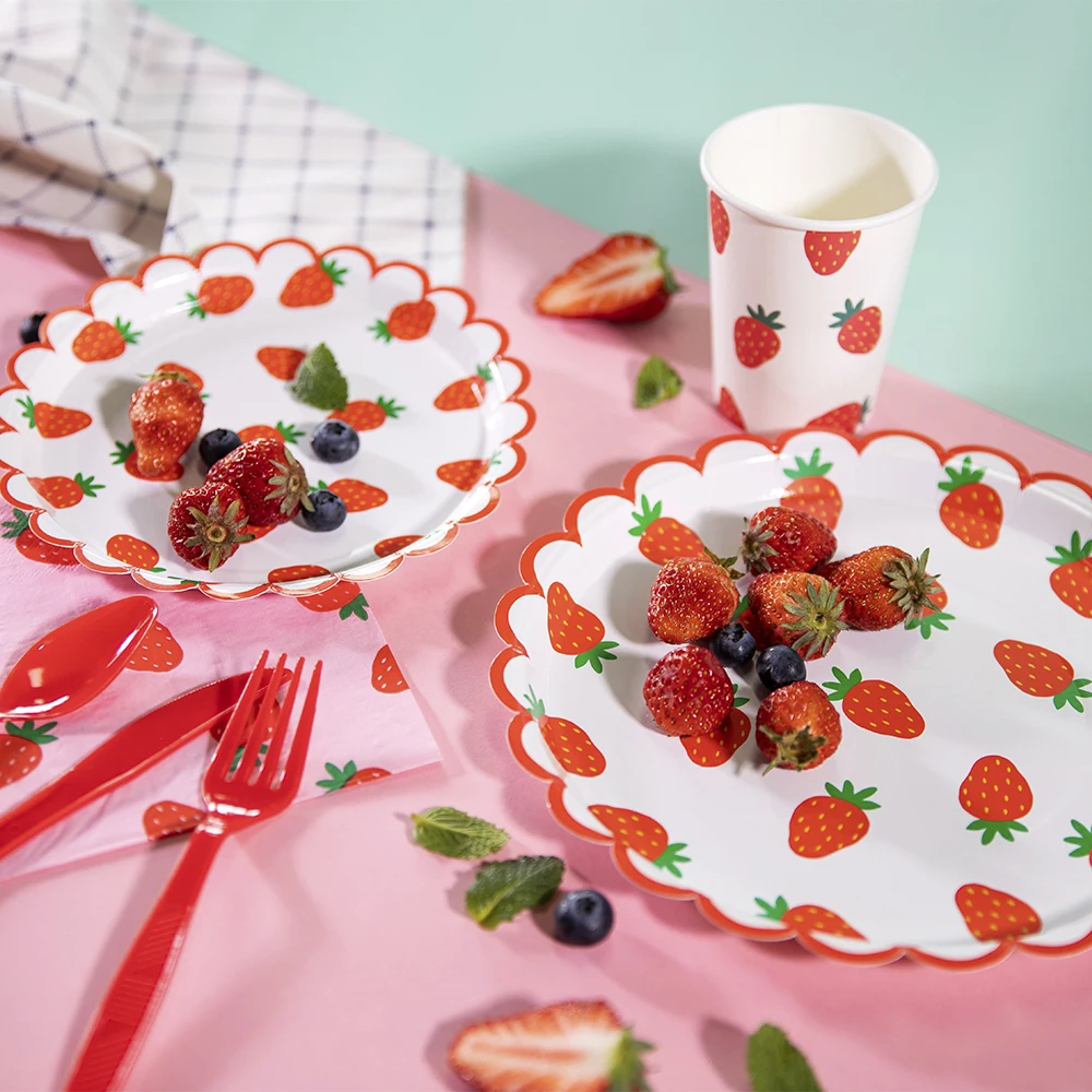 Strawberry Party Disposable Tableware Scalloped Edge Paper Plates Cups Napkins Kids Birthday Summer Fruit Themed Party Supplies thumbnail 3