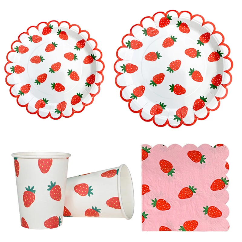 Strawberry Party Disposable Tableware Scalloped Edge Paper Plates Cups Napkins Kids Birthday Summer Fruit Themed Party Supplies thumbnail 6