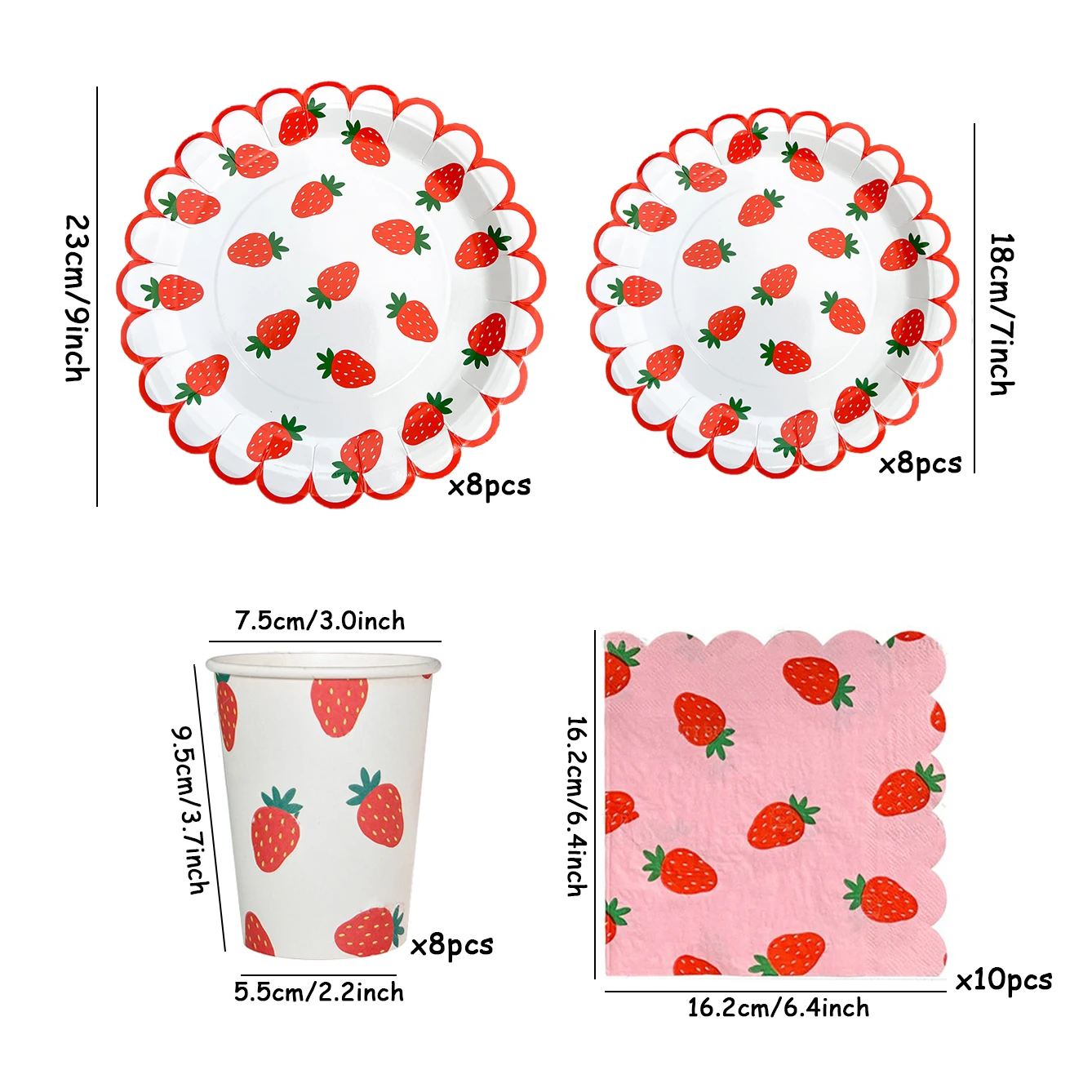 Strawberry Party Disposable Tableware Scalloped Edge Paper Plates Cups Napkins Kids Birthday Summer Fruit Themed Party Supplies thumbnail 2