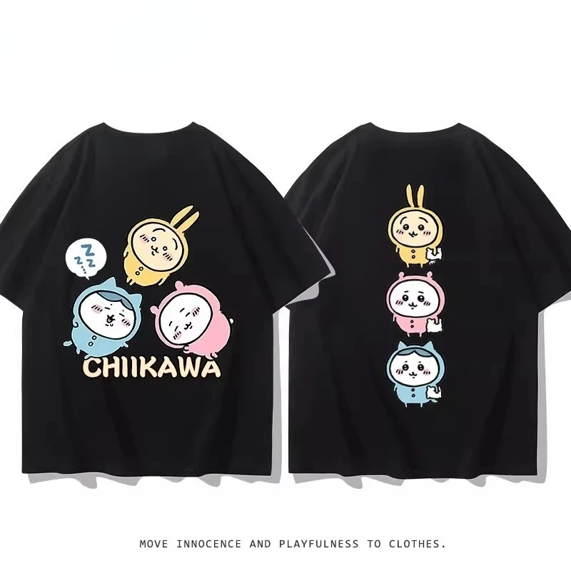 2026 Summer Chiikawa Graphic T-Shirt 100% Cotton Unisex Casual Wear Double-Sided Cute Printed Black Loose Short Sleeve Tees Kids
