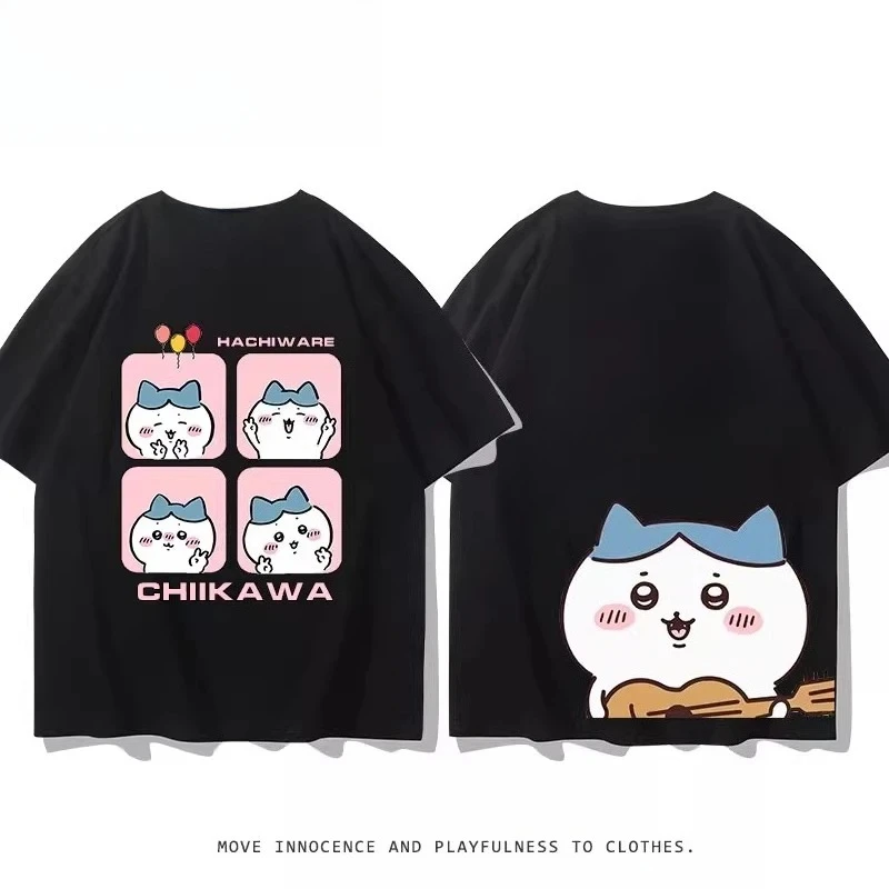 2026 Summer Chiikawa Graphic T-Shirt 100% Cotton Unisex Casual Wear Double-Sided Cute Printed Black Loose Short Sleeve Tees Kids thumbnail 3