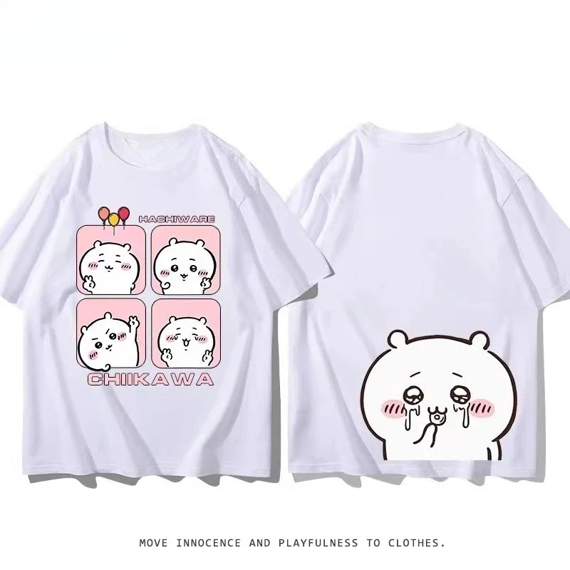 2026 Summer Chiikawa Graphic T-Shirt 100% Cotton Unisex Casual Wear Double-Sided Cute Printed Black Loose Short Sleeve Tees Kids thumbnail 2