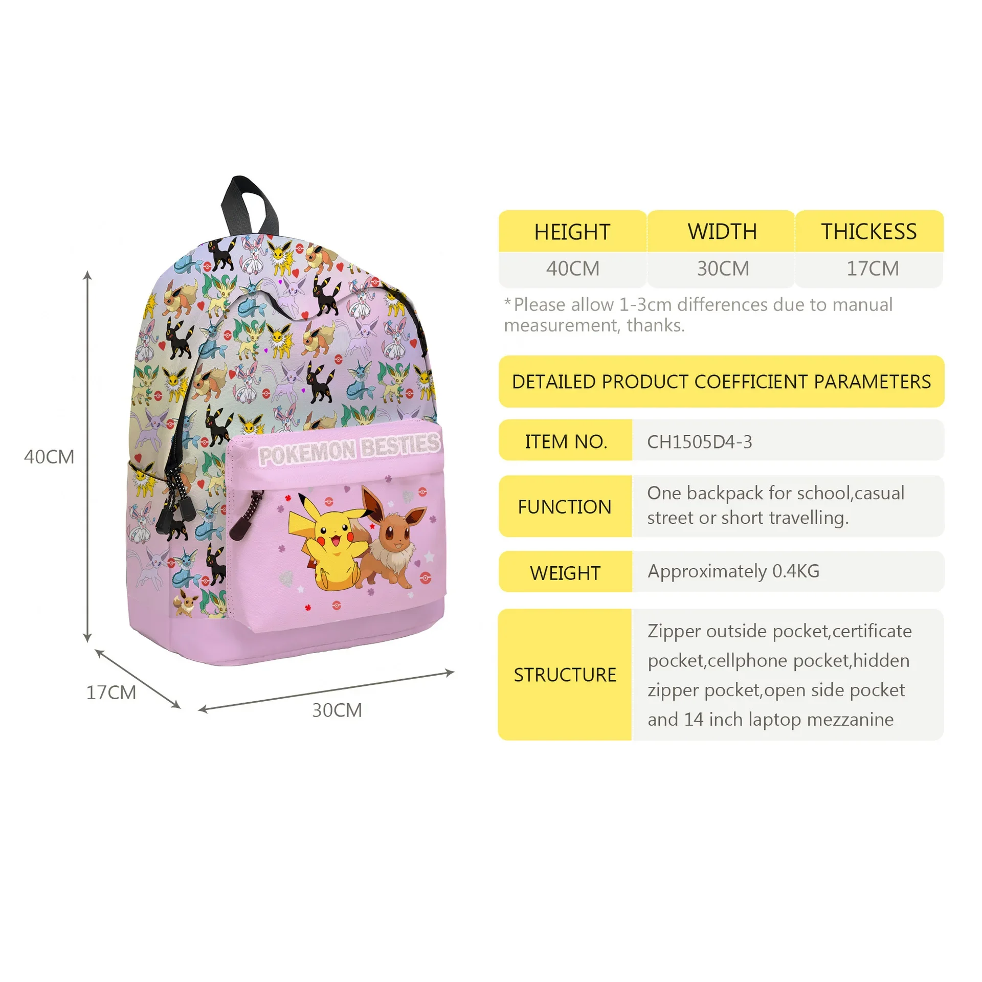 Pikachu Cartoon Backpack Pokemon Student School Bag Pencil Bag Cartoon SchoolBag Mochila  Anime Pikachus Backpack with Lunch Bag thumbnail 5