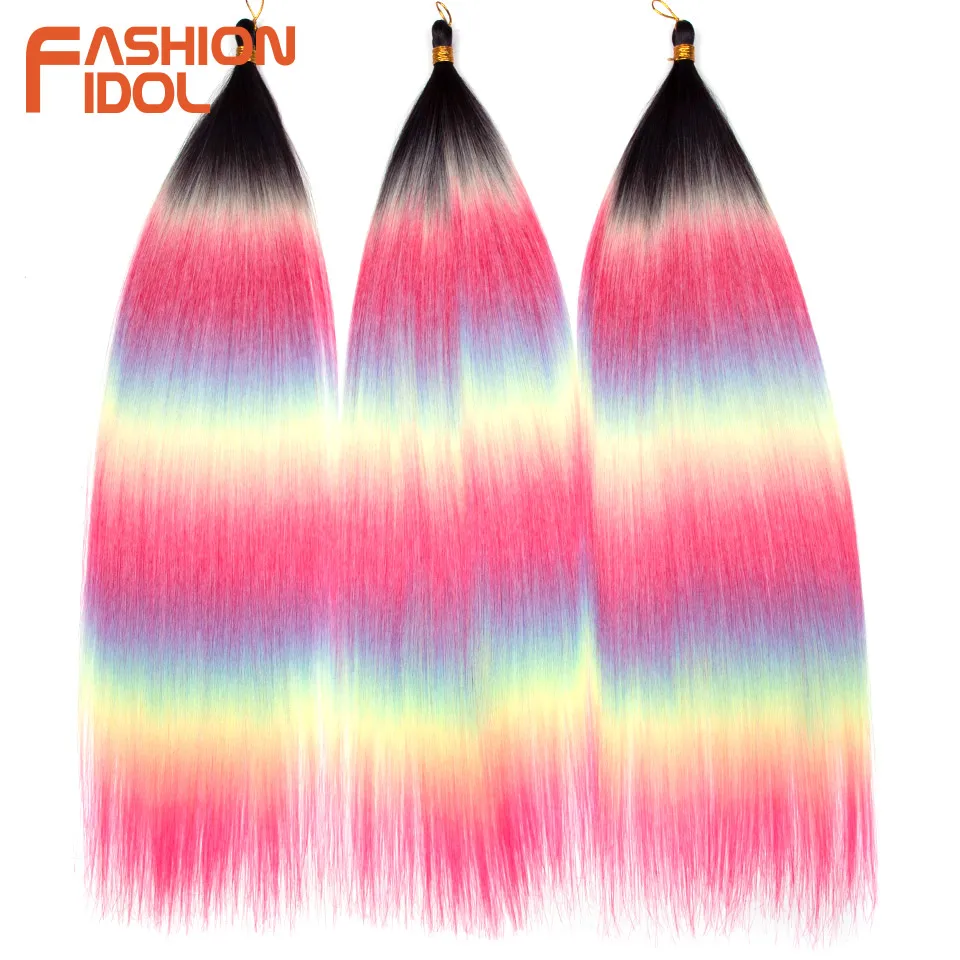 FASHION IDOL 28inch/3PCS Ariel Straight Hair Bundles Crochet Hair Synthetic Braiding Hair Ombre Rainbow Braids Hair Extensions thumbnail 3