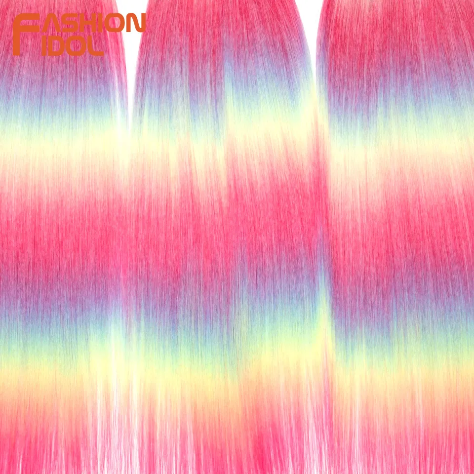 FASHION IDOL 28inch/3PCS Ariel Straight Hair Bundles Crochet Hair Synthetic Braiding Hair Ombre Rainbow Braids Hair Extensions thumbnail 5