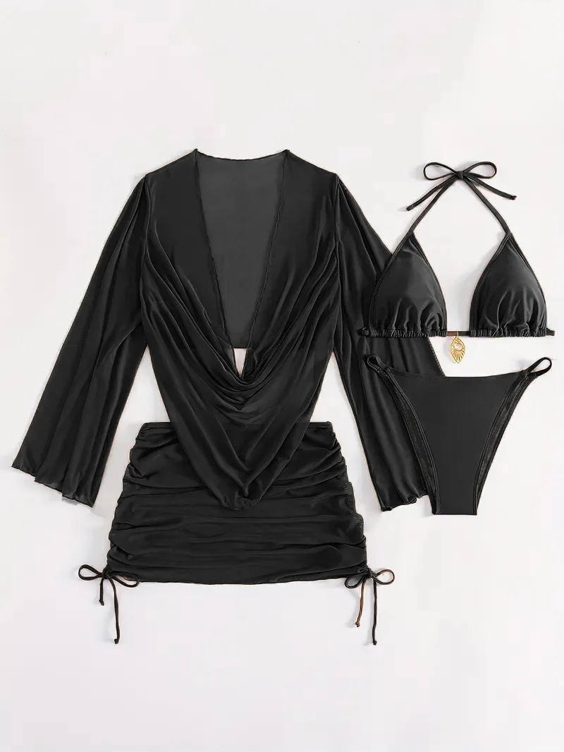 4pcs Sexy Solid Color Bikini Set With Sheer Cover-Up, Suitable For Vacation, Beach Party, Perfect For New Year And Valentine's thumbnail 6