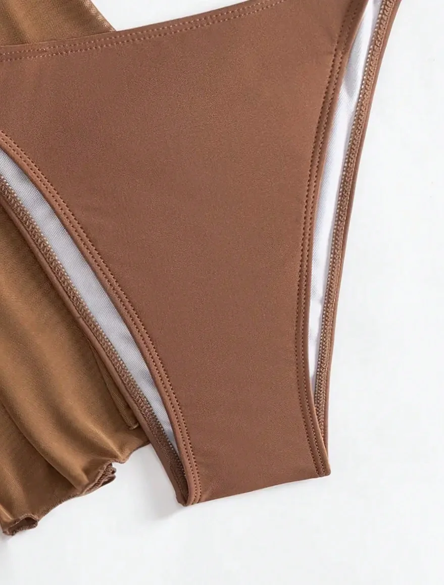 4pcs Sexy Solid Color Bikini Set With Sheer Cover-Up, Suitable For Vacation, Beach Party, Perfect For New Year And Valentine's thumbnail 3