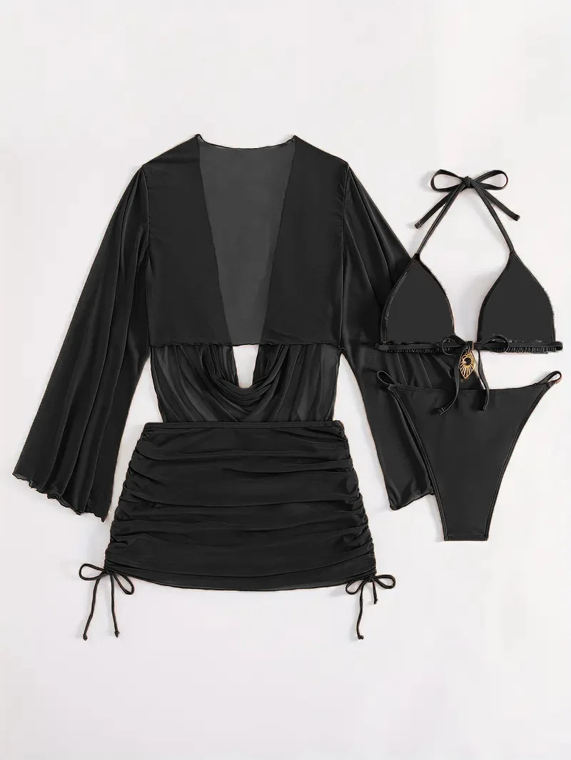 4pcs Sexy Solid Color Bikini Set With Sheer Cover-Up, Suitable For Vacation, Beach Party, Perfect For New Year And Valentine's thumbnail 5