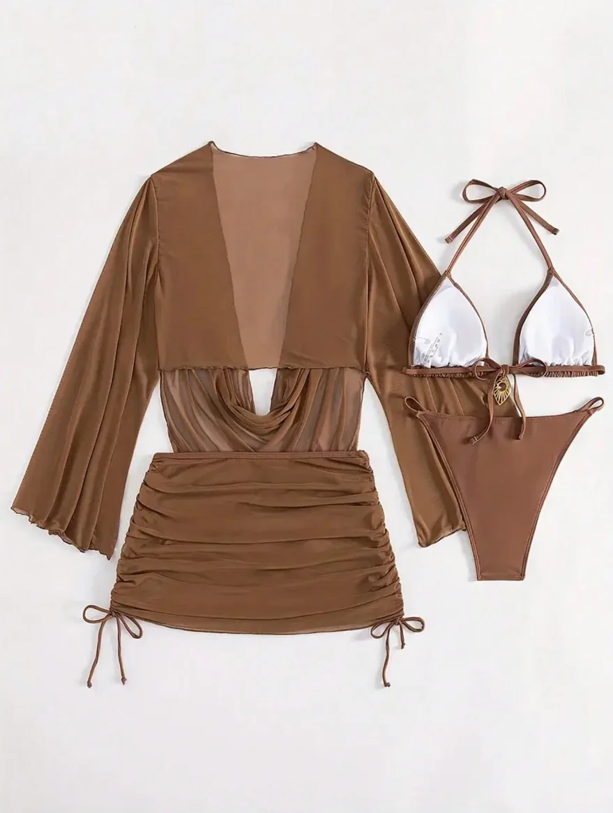 4pcs Sexy Solid Color Bikini Set With Sheer Cover-Up, Suitable For Vacation, Beach Party, Perfect For New Year And Valentine's thumbnail 2