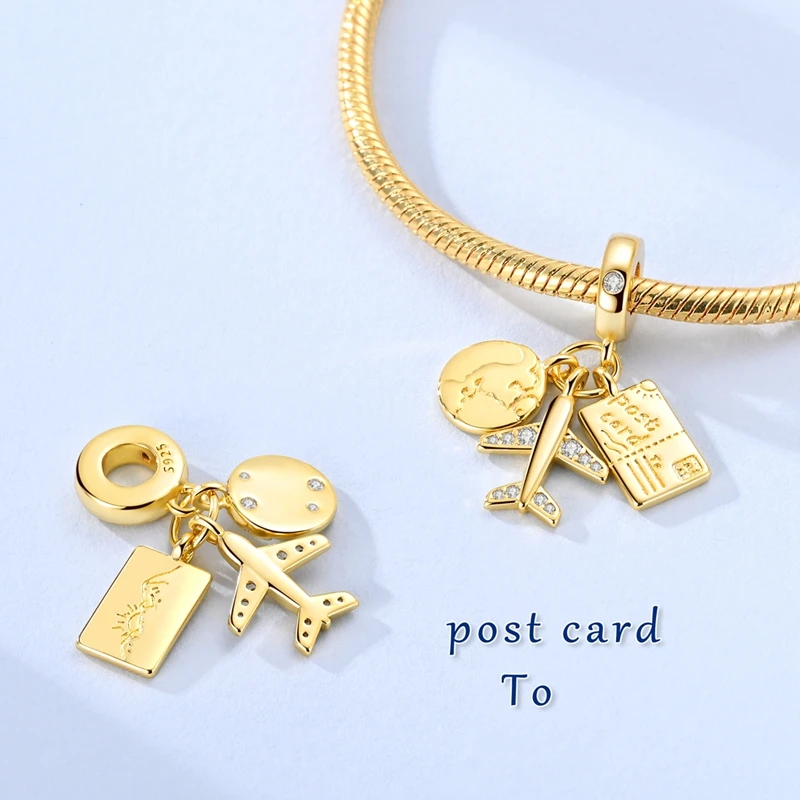 Original 925 Silver Gold Charms Beads Fit Bracelet DIY Ballet Shoes Firefly Airplane Pendant for Woman Jewelry thumbnail 3