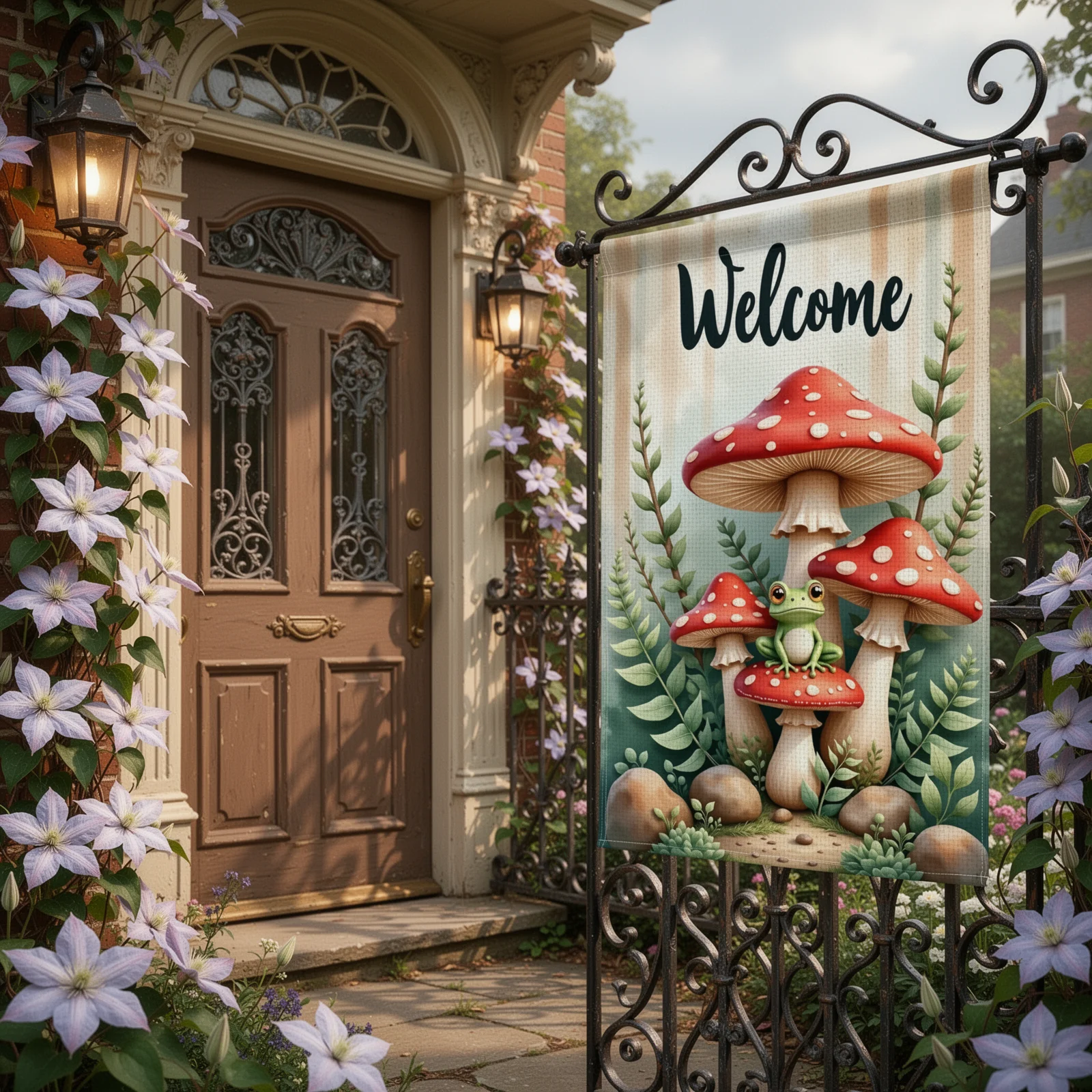 Welcome Garden Flag Frog Pattern Woodland Garden Banner Red Mushroom Print Natural Theme Outdoor Welcome Flag for Garden Decorat thumbnail 6