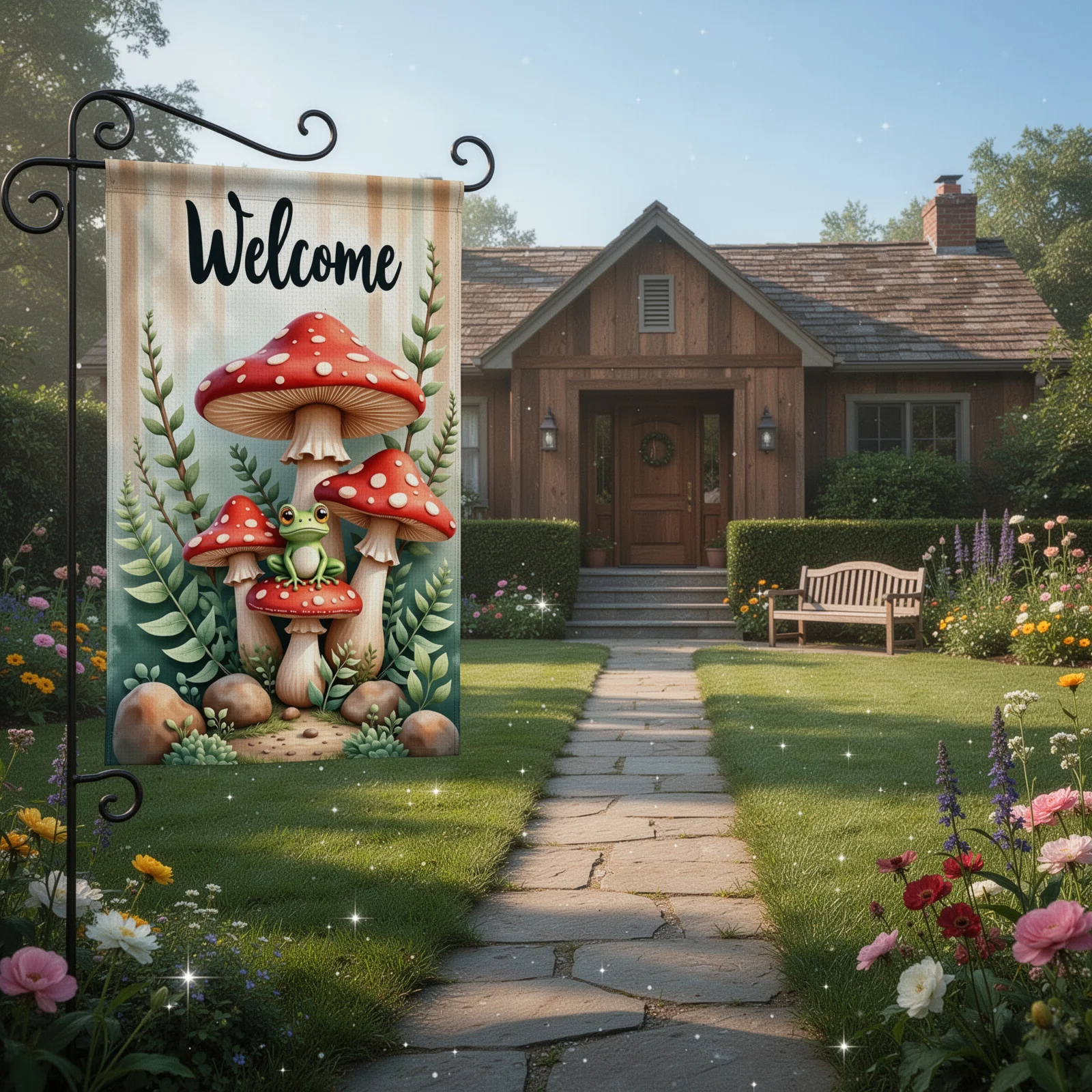 Welcome Garden Flag Frog Pattern Woodland Garden Banner Red Mushroom Print Natural Theme Outdoor Welcome Flag for Garden Decorat thumbnail 4
