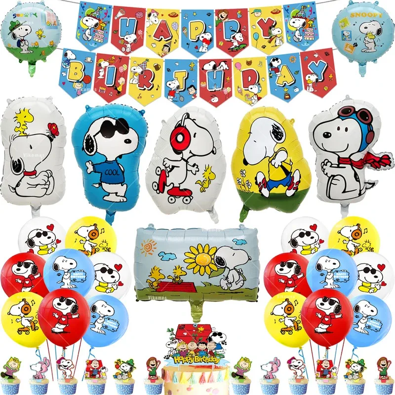 Snoopyed Balloon Cartoon Dog Happy Birthday Banner Party Decoration Pet Theme Cake Topper Supplies Disposable Tableware Backdrop
