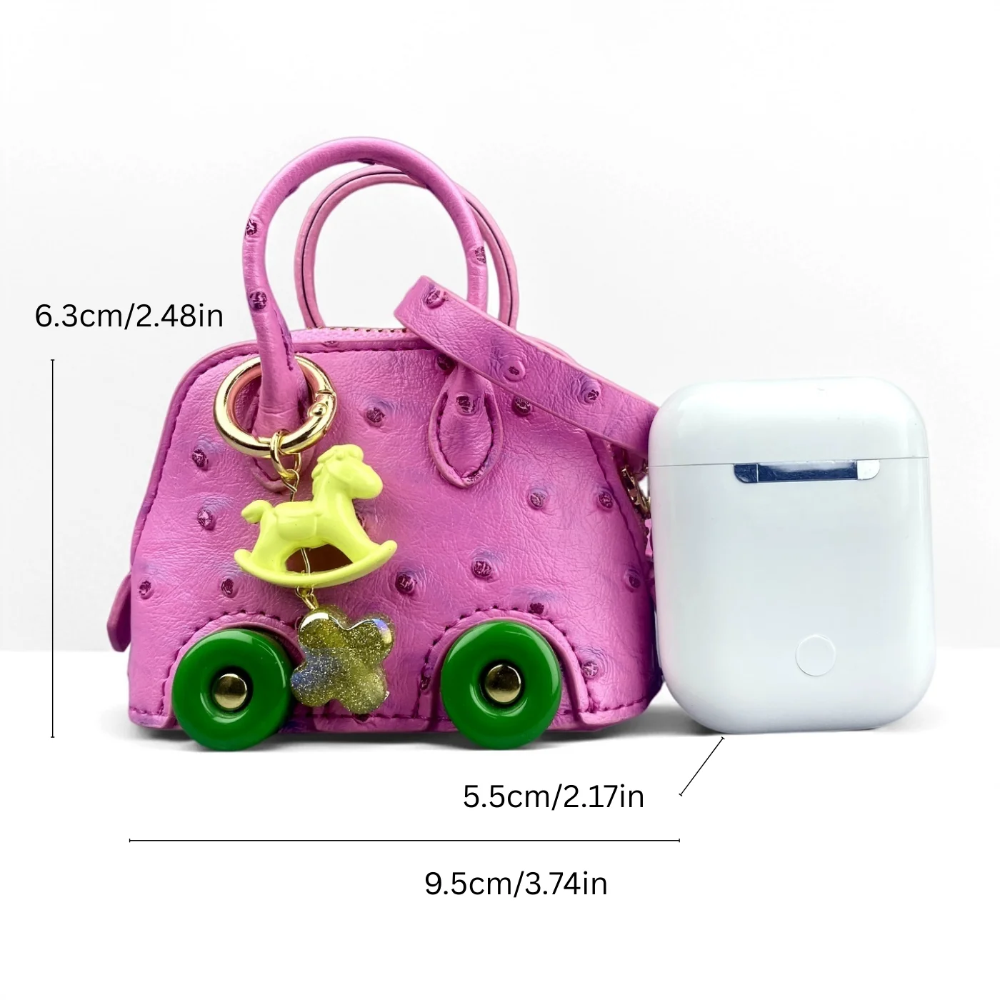 Mini Handbag Purse with Wheels&Rocking Horse-Cute Ostrich Pattern PU Leather Case for AirPods, Coin, Cable, Keychain Bag Charm thumbnail 3