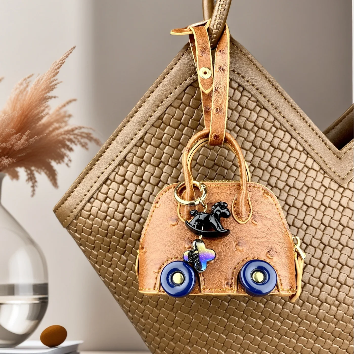 Mini Handbag Purse with Wheels&Rocking Horse-Cute Ostrich Pattern PU Leather Case for AirPods, Coin, Cable, Keychain Bag Charm thumbnail 4