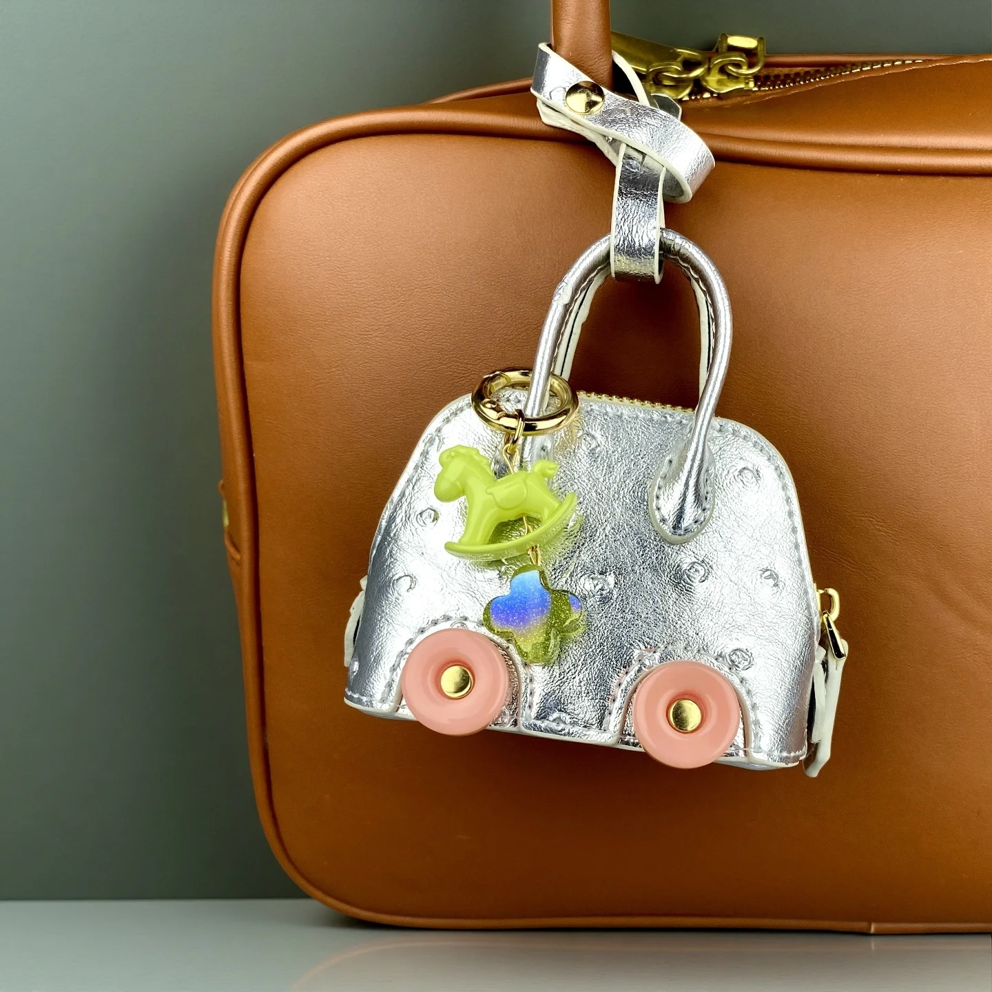 Mini Handbag Purse with Wheels&Rocking Horse-Cute Ostrich Pattern PU Leather Case for AirPods, Coin, Cable, Keychain Bag Charm thumbnail 6
