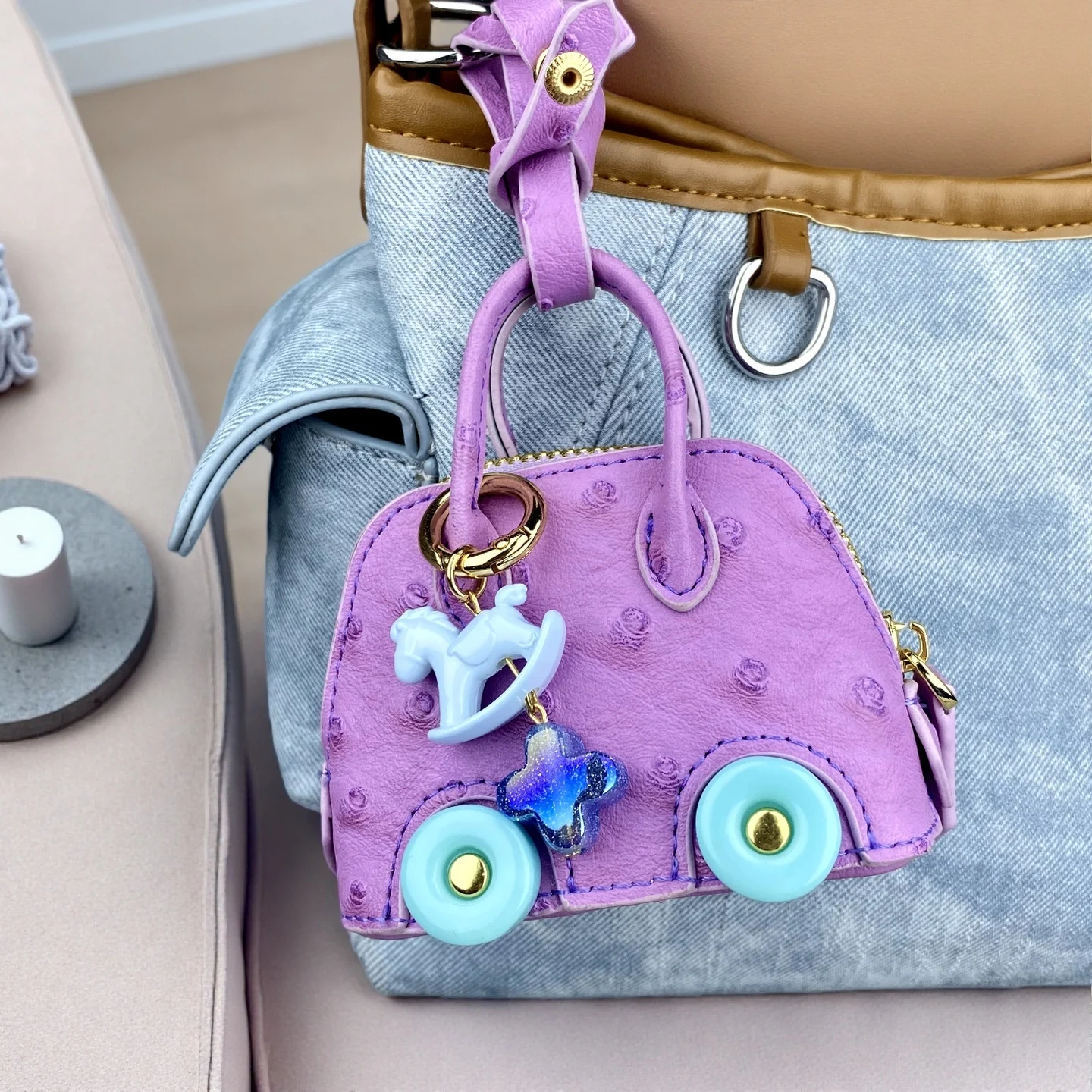 Mini Handbag Purse with Wheels&Rocking Horse-Cute Ostrich Pattern PU Leather Case for AirPods, Coin, Cable, Keychain Bag Charm thumbnail 2