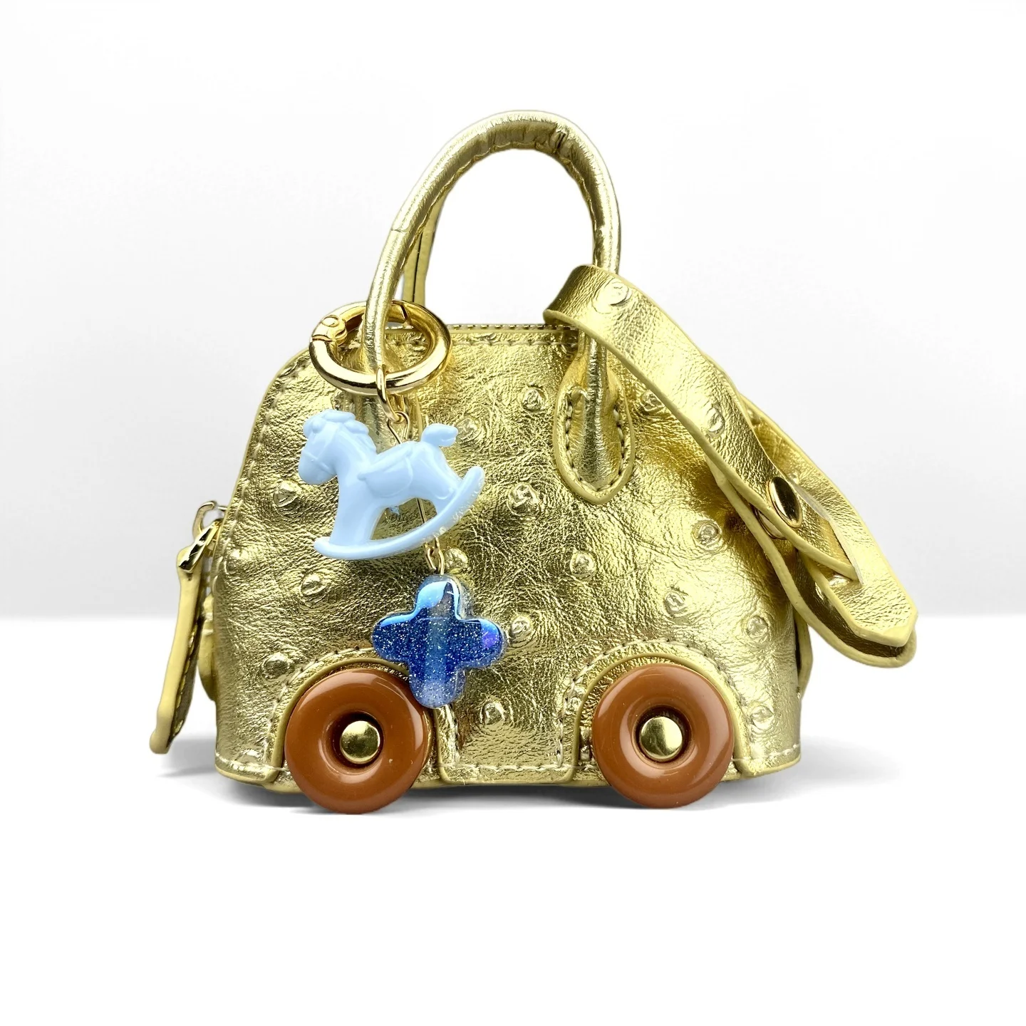 Mini Handbag Purse with Wheels&Rocking Horse-Cute Ostrich Pattern PU Leather Case for AirPods, Coin, Cable, Keychain Bag Charm thumbnail 5