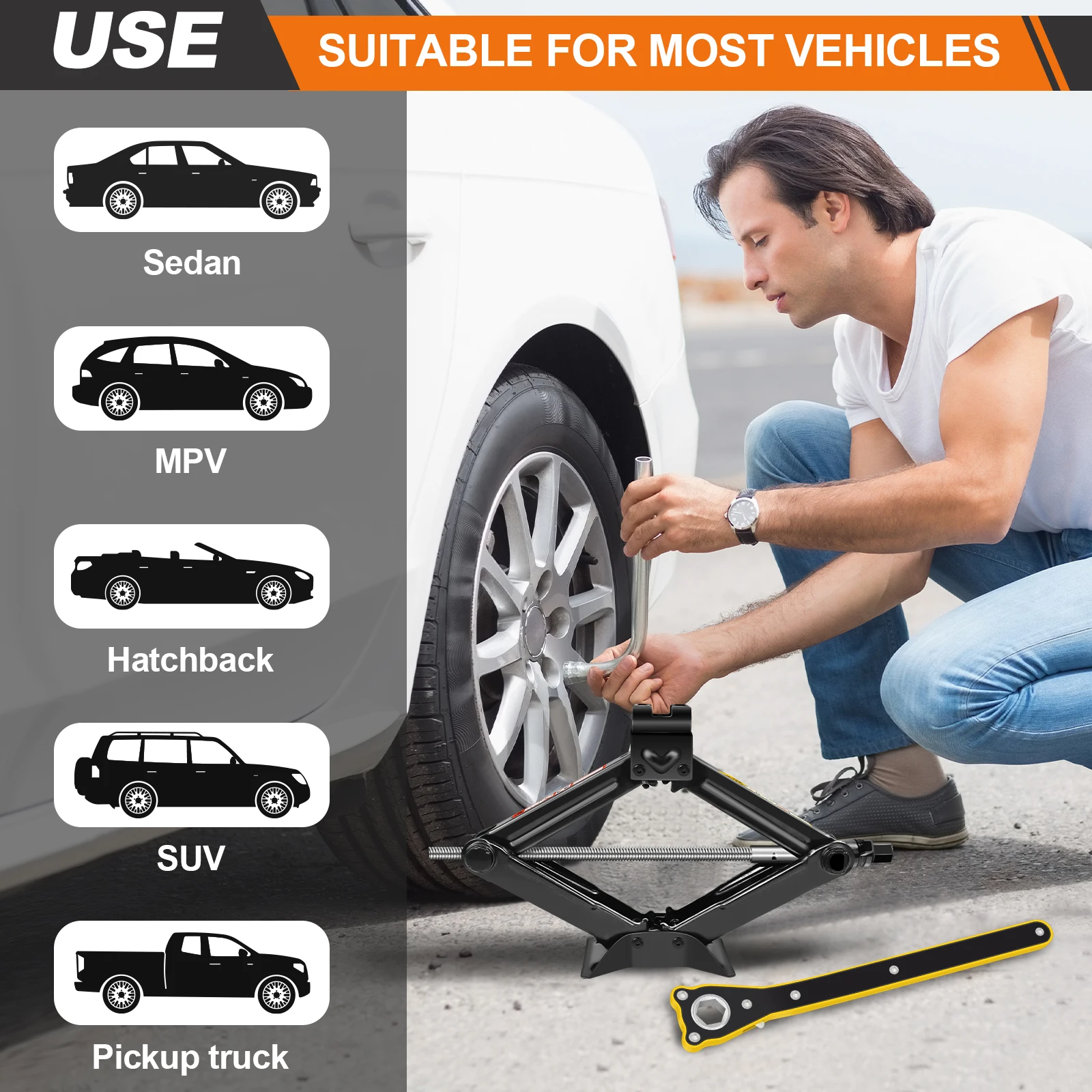 Scissor Rust Jack 2.0 Tonne, With Handle - Range 105 To 385 Mm, Losange Jack With Lever, For Changing Tyres, For Universal Use thumbnail 2