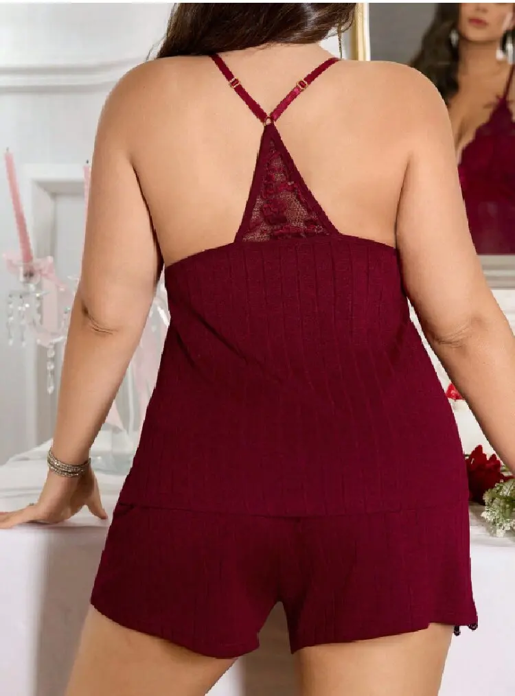 Plus Size Women's Soft Elegant & Comfortable Lace Patchwork Bowknot Camisole + Shorts Pajamas Loungewear Set thumbnail 2