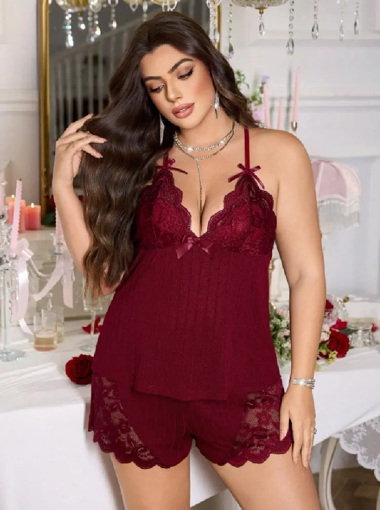 Plus Size Women's Soft Elegant & Comfortable Lace Patchwork Bowknot Camisole + Shorts Pajamas Loungewear Set thumbnail 4