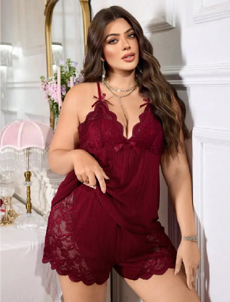 Plus Size Women's Soft Elegant & Comfortable Lace Patchwork Bowknot Camisole + Shorts Pajamas Loungewear Set thumbnail 3