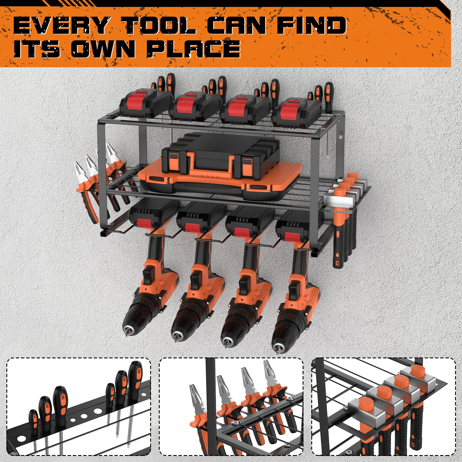 DayPlus 3-Tier Power Tool Storage, Heavy Duty Metal Tools Shelf Organizer Rack for 4 Drill Tools, Toolbox, Screwdrivers, Pliers thumbnail 5